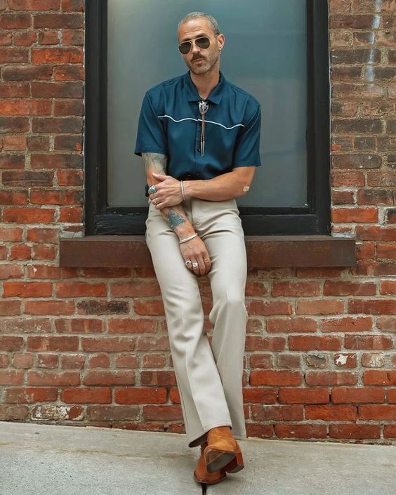 Teal Shirt with Cream Pants and Cowboy Boots